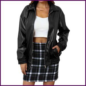 Oversized Faux Leather Bomber Jacket Zip Front Relaxed Fit
